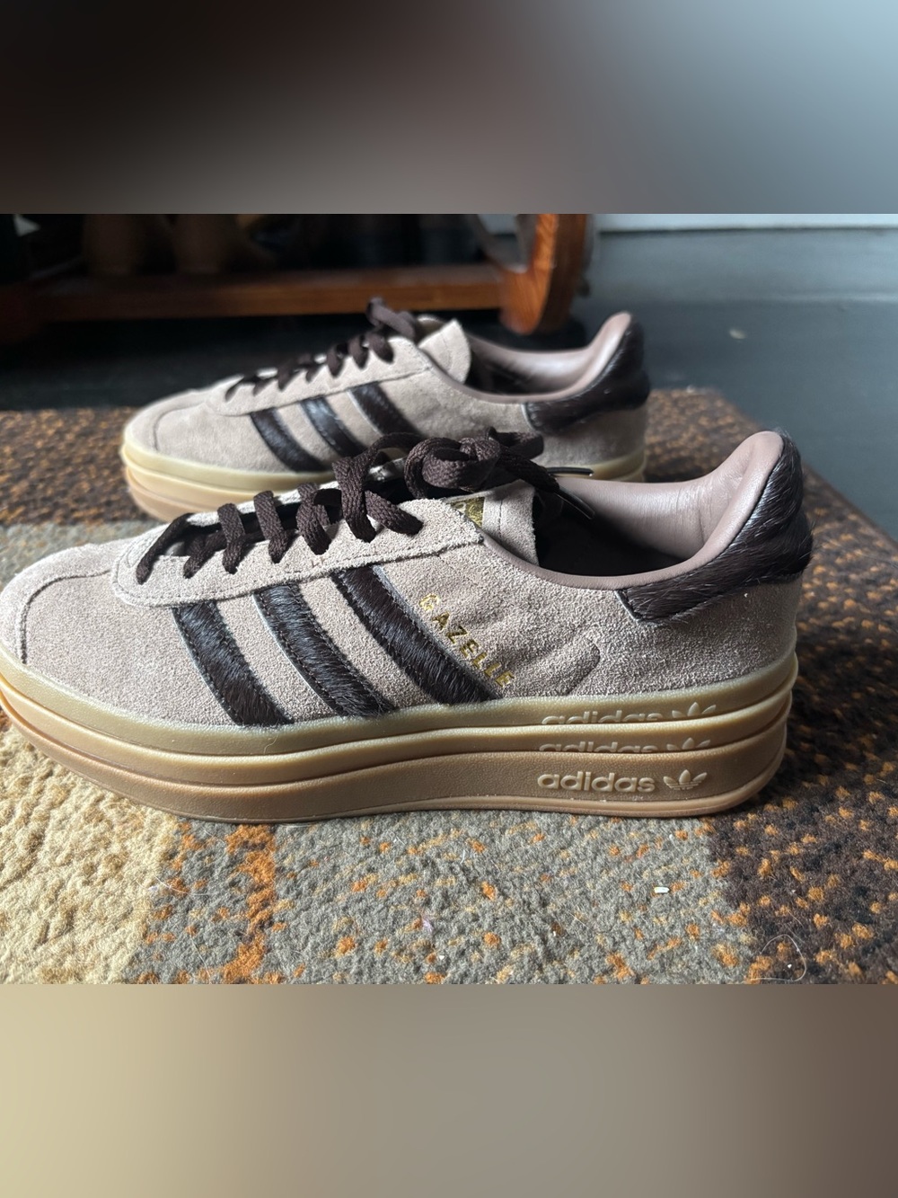 adidas women’s Gazelle Bold earth strata Suede Sneakers with Dark Brown Stripes